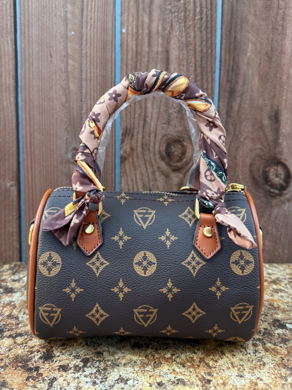 Designer Style Monogram Boston Bag With Scarf Wrapped Handle